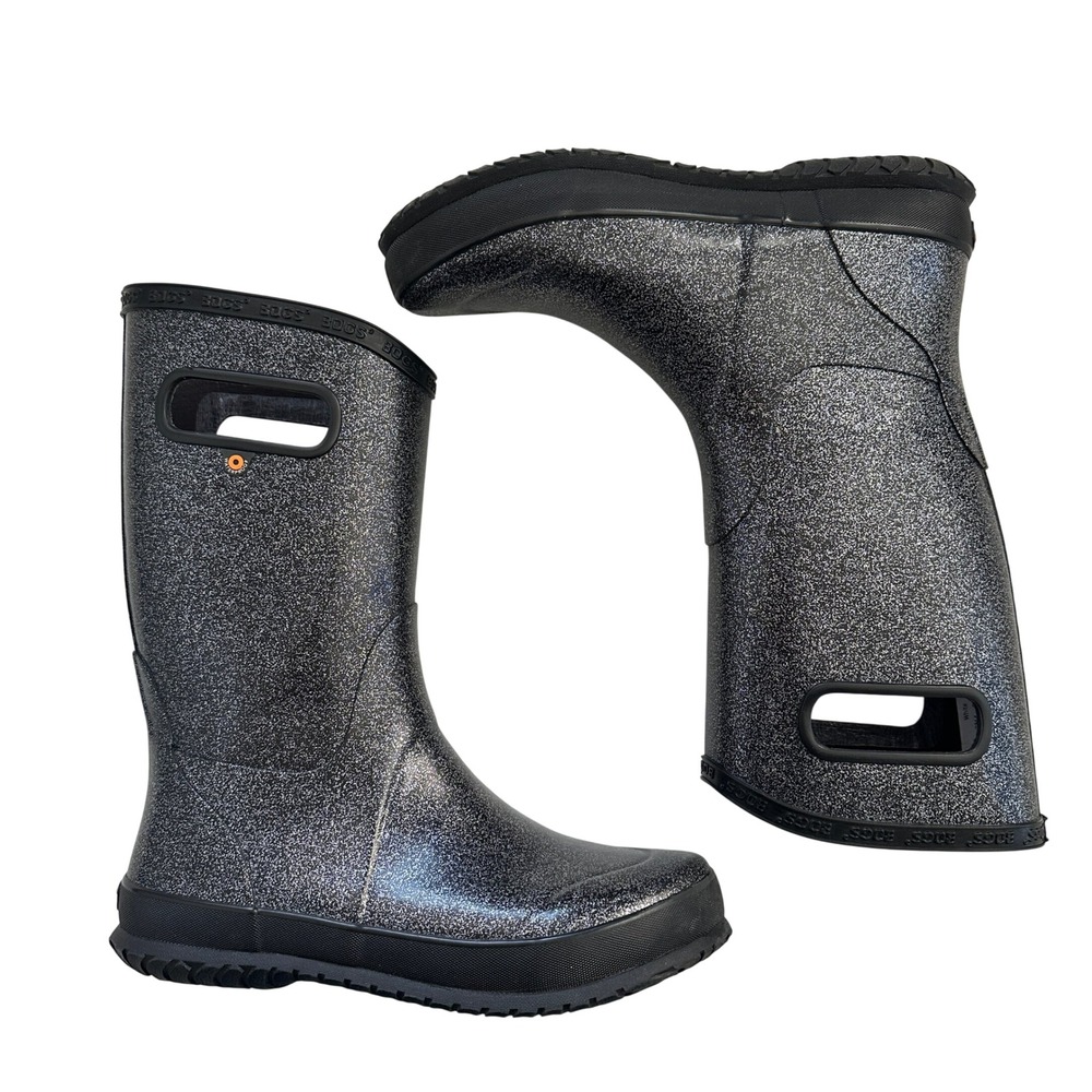 Bogs K RNBT Glitter Black Silver Waterproof Rain Boots Youth Size 6 72399-001